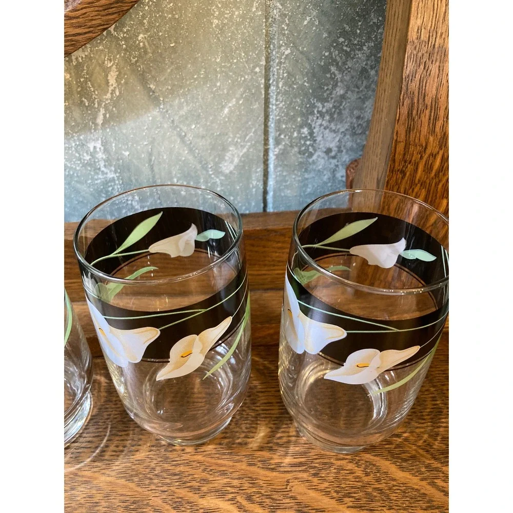 Vintage Calla Lily Highball Glasses Set of 4 Black Band Floral Footed Tumblers